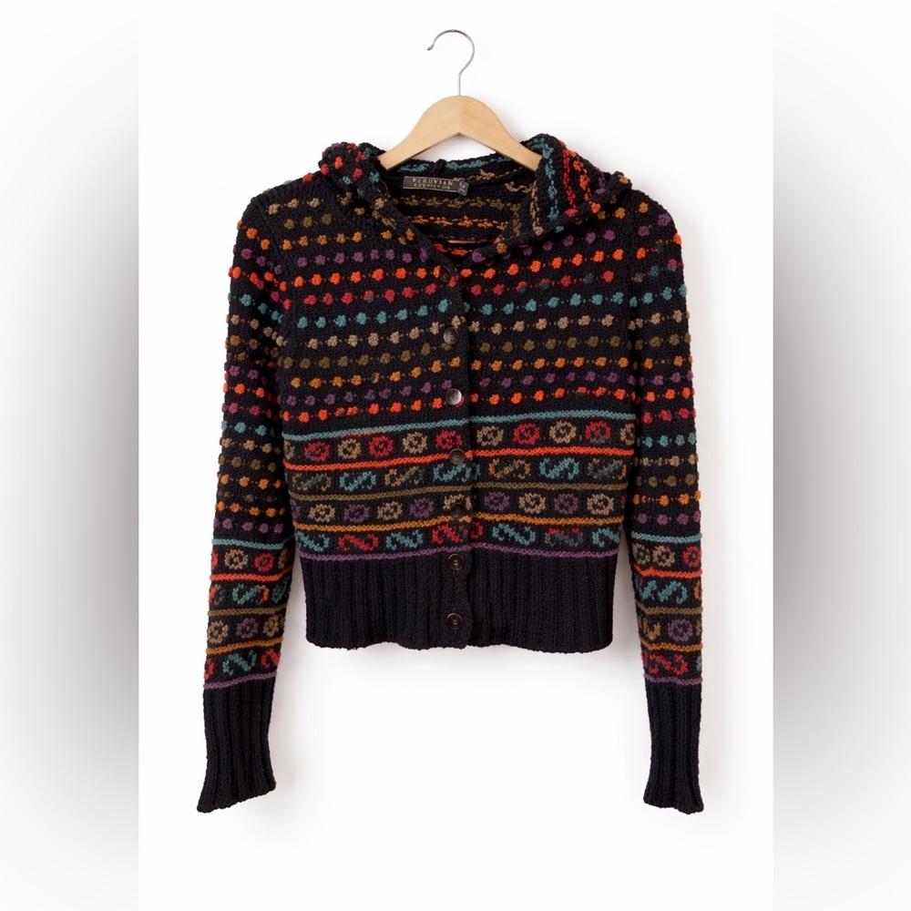 Peruvian Connection Black Multicolor Fair Isle Knit Cardigan Sweater Size S